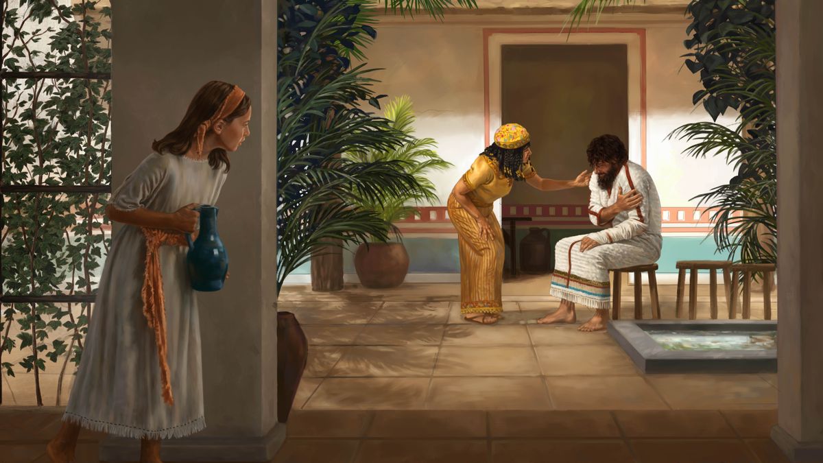 The little Israelite girl peeking around a column in the house of the leper Naaman. She cautiously watches as Naaman’s wife tries to comfort him.