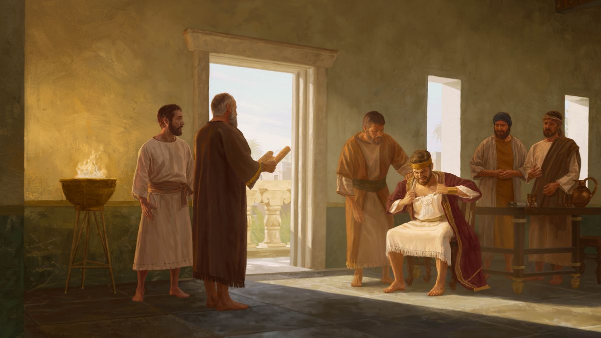 King Josiah ripping his inner garment as he listens to a man read a scroll that contains Jehovah’s Law. A few men observe Josiah’s reaction with concern.