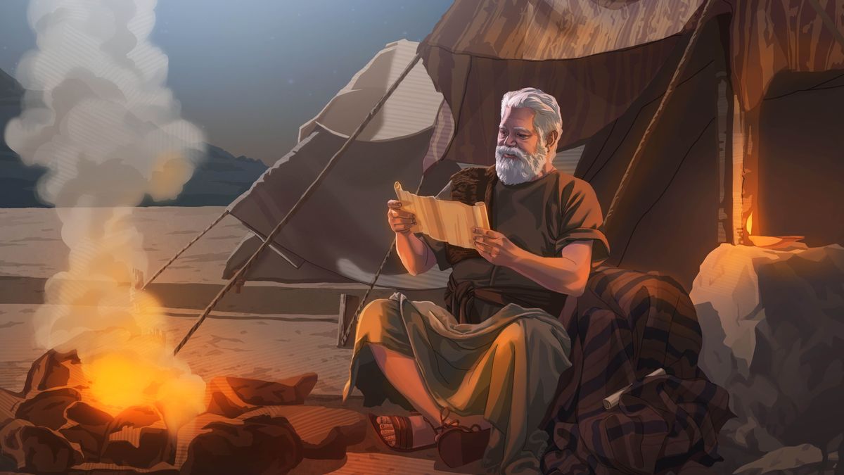 Joshua sitting outside a tent and reading from a scroll at night.