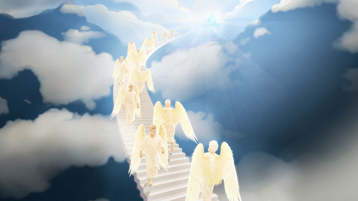 Angels ascending and descending a ladder between heaven and earth.