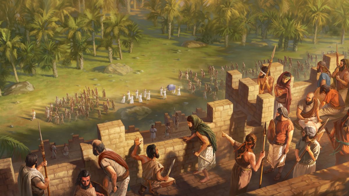Canaanite men, ready for battle, standing atop Jericho’s wall and watching with concern as the Israelites march around the city.