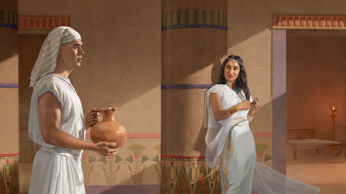 Joseph walking through Potiphar’s house, carrying an earthenware pitcher and looking straight ahead. Potiphar’s wife stands outside her bedroom and stares seductively at Joseph as he passes.