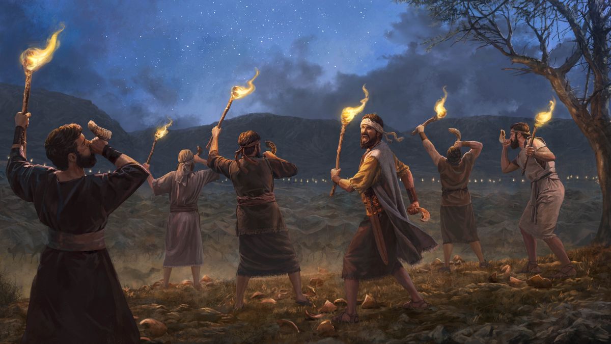 Gideon and his men holding torches in their left hands and blowing horns in their right hands. Smashed jars lie at their feet.