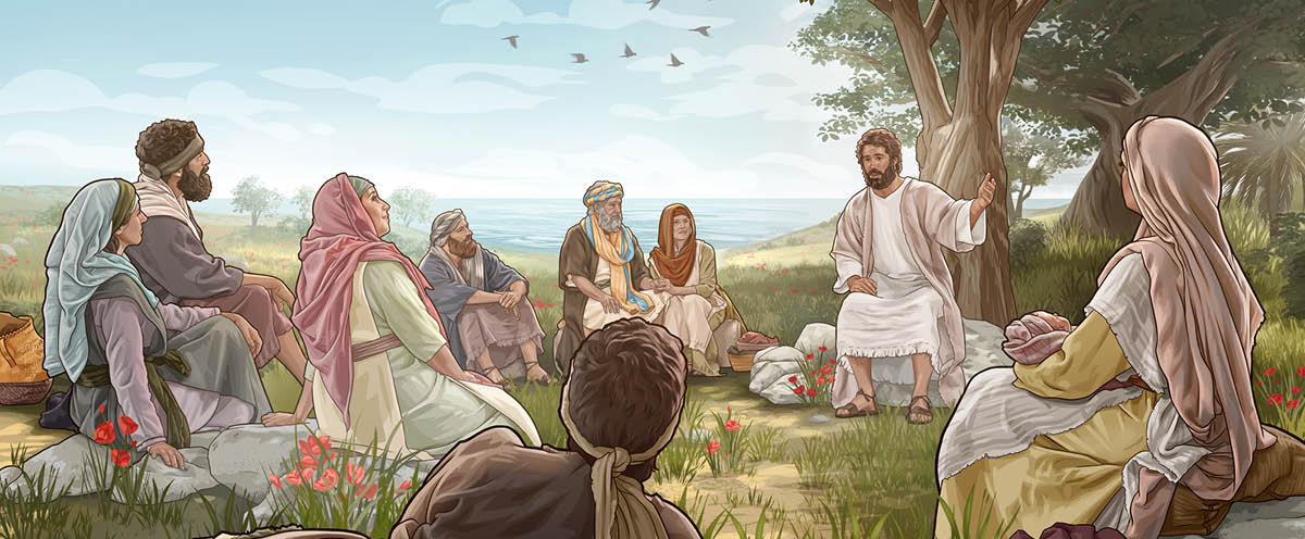 Jesus teaching a group of people near the water. Birds fly overhead, and wildflowers grow nearby.