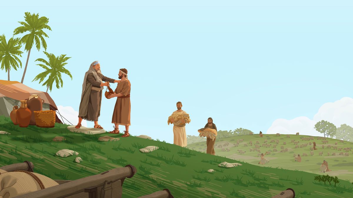 A sheep owner standing outside his tent, happily handing a gift to one of his shearers. Other shearers walk toward him carrying wool.