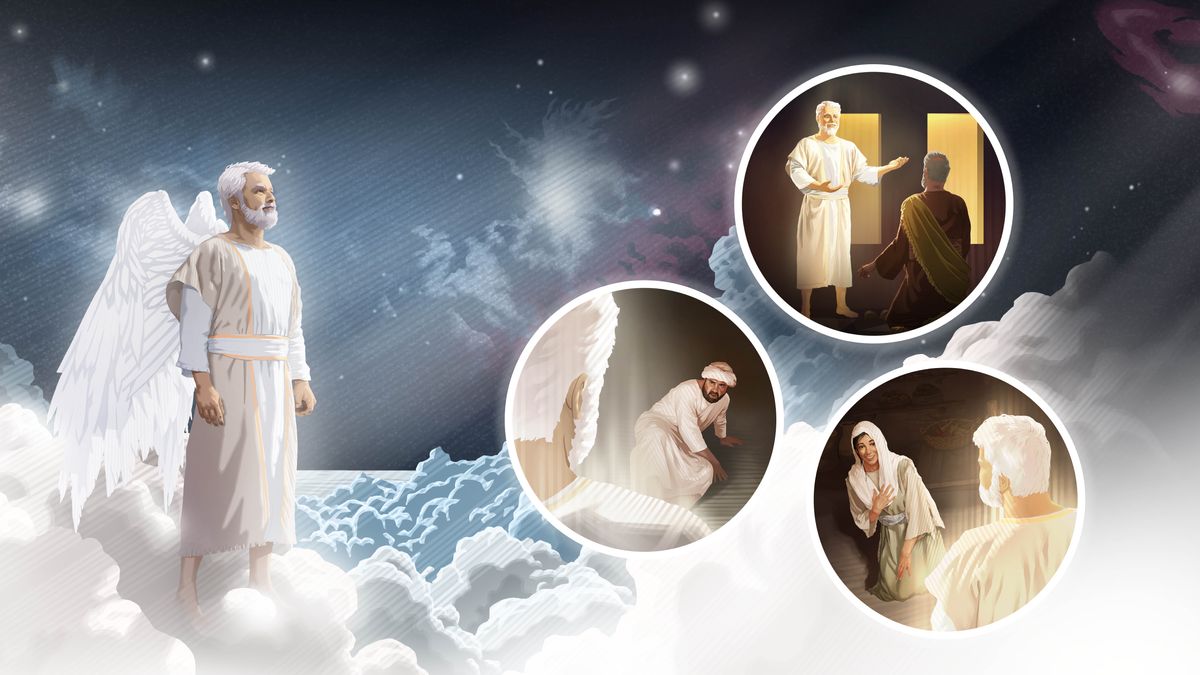 Collage: 1. The angel Gabriel stands in heaven and looks upward. 2. He delivers a message to Daniel. 3. He delivers a message to Zechariah. 4. He delivers a message to Mary.