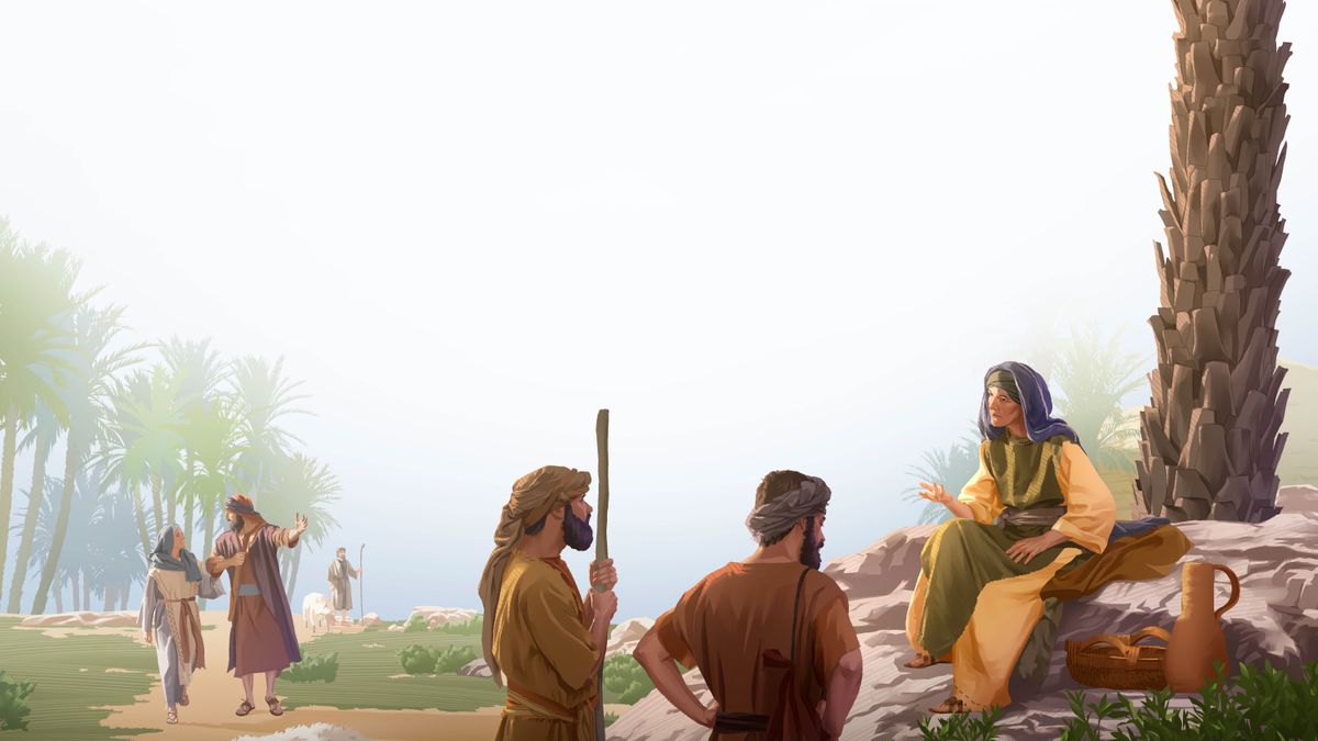 Deborah sitting under a palm tree and settling a dispute between two men with sheep. An Israelite couple walks on a path leading toward her.