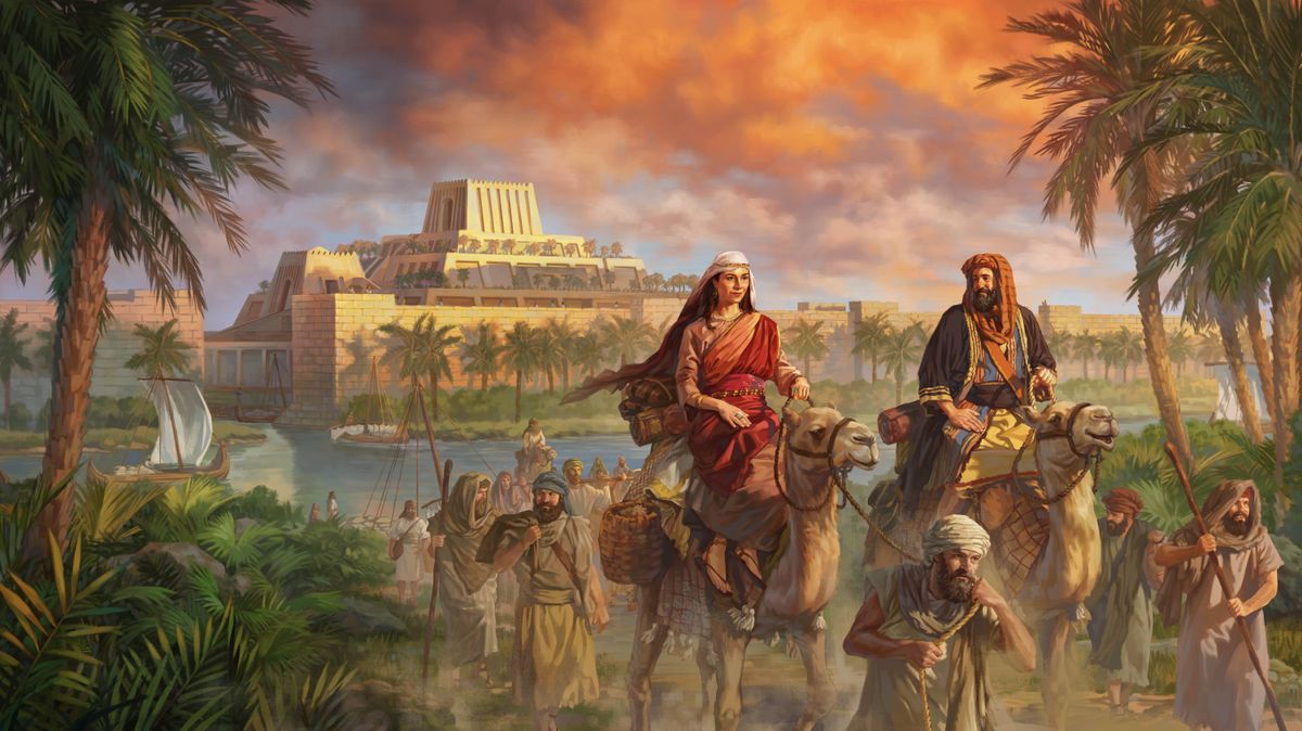 Sarah and Abraham leaving Ur. They are riding on camels and are accompanied by their large household.