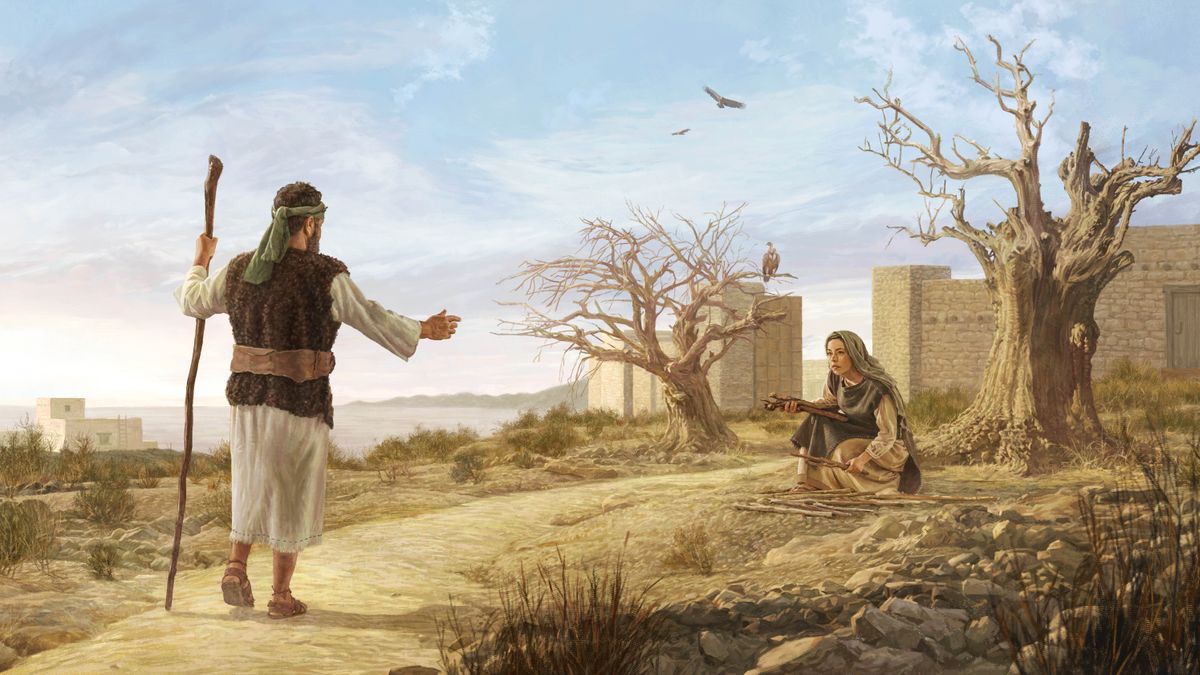 The prophet Elijah approaching the widow of Zarephath as she gathers wood outside of the city. The land is dry and desolate, and the trees have no leaves.
