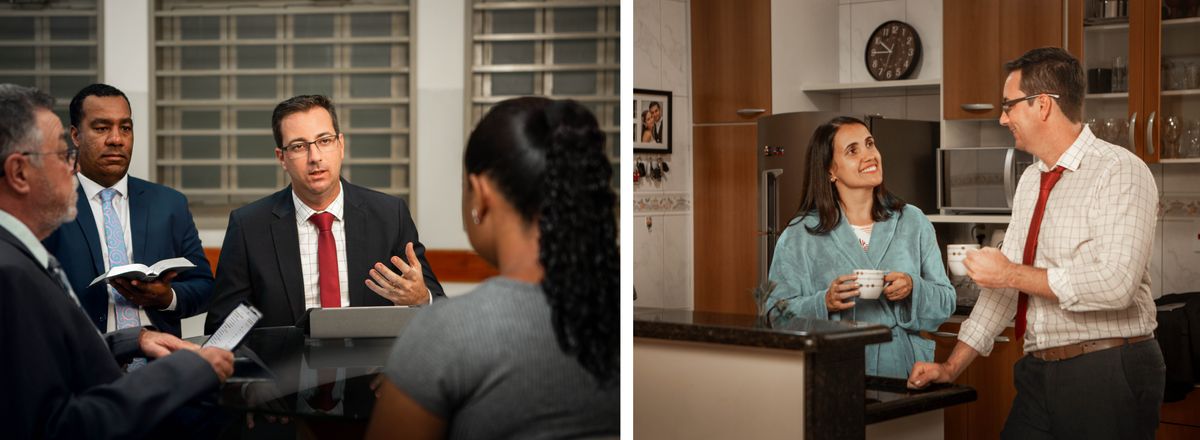Collage: 1. Three elders meet with a sister. 2. Later, one of the elders chats with his wife at home over a cup of tea.