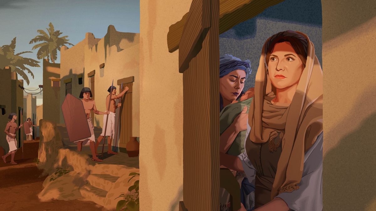 Two midwives hiding a newborn baby boy. One of them is cautiously keeping a lookout as Egyptian soldiers knock on doors in search of newborn male children.