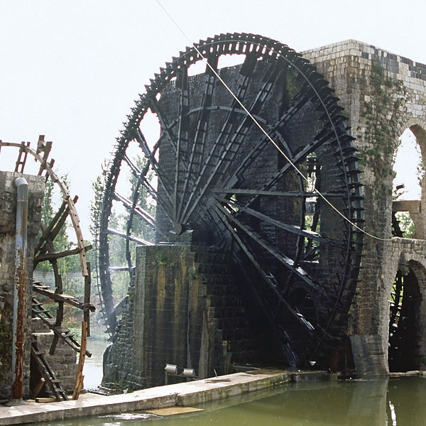 Waterwheels, such as these in Hama, Syria, were built throughout the medieval Islamic Empire
