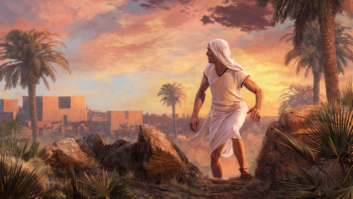 Moses, now afraid, running away from Egypt. He looks over his shoulder as he flees.