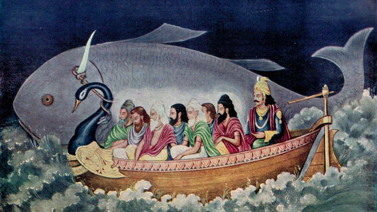 Eight men riding in a boat as a big fish guides the boat to safety.