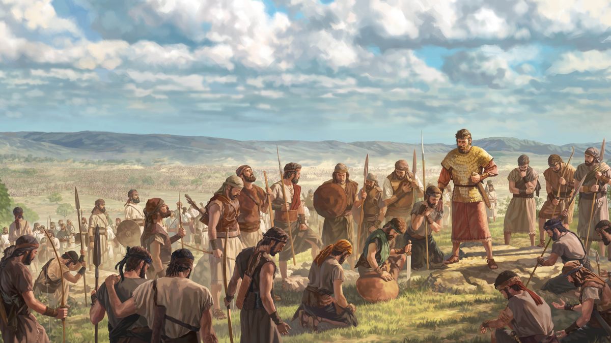 King Asa and his men praying to Jehovah on the top of a hill. The enormous Ethiopian military force swarms toward them from the lowlands.