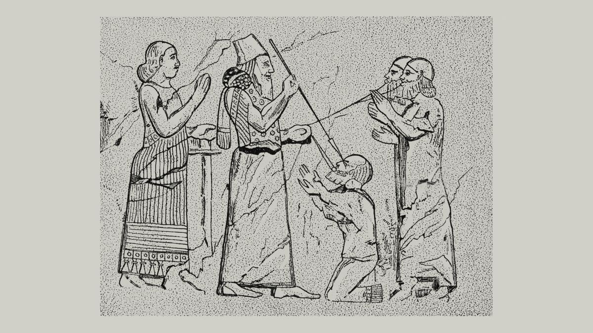 An ancient relief depicting an Assyrian king who is holding three captives by cords fastened to hooks in their lips. He blinds one of the captives with a spear.