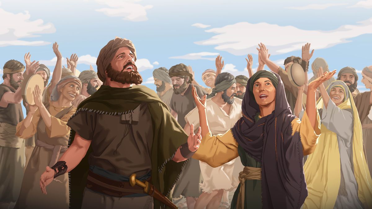 Deborah and Barak singing their victory song while their fellow Israelites dance and play tambourines.