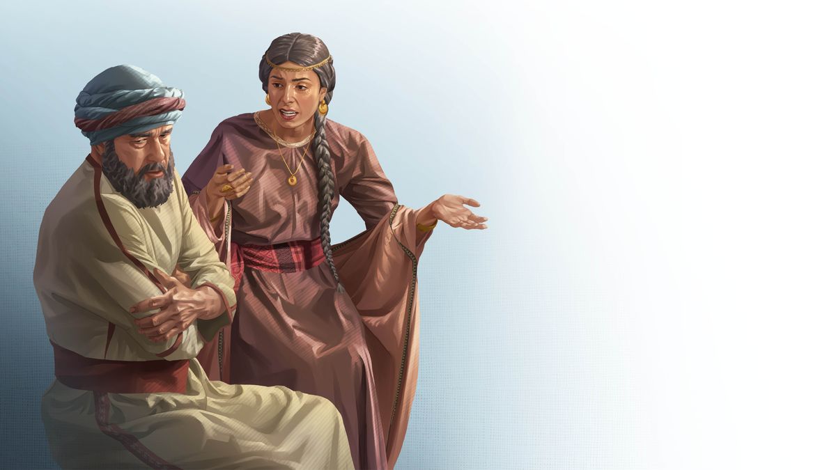 Sarah speaking frankly to Abraham, who seems displeased.