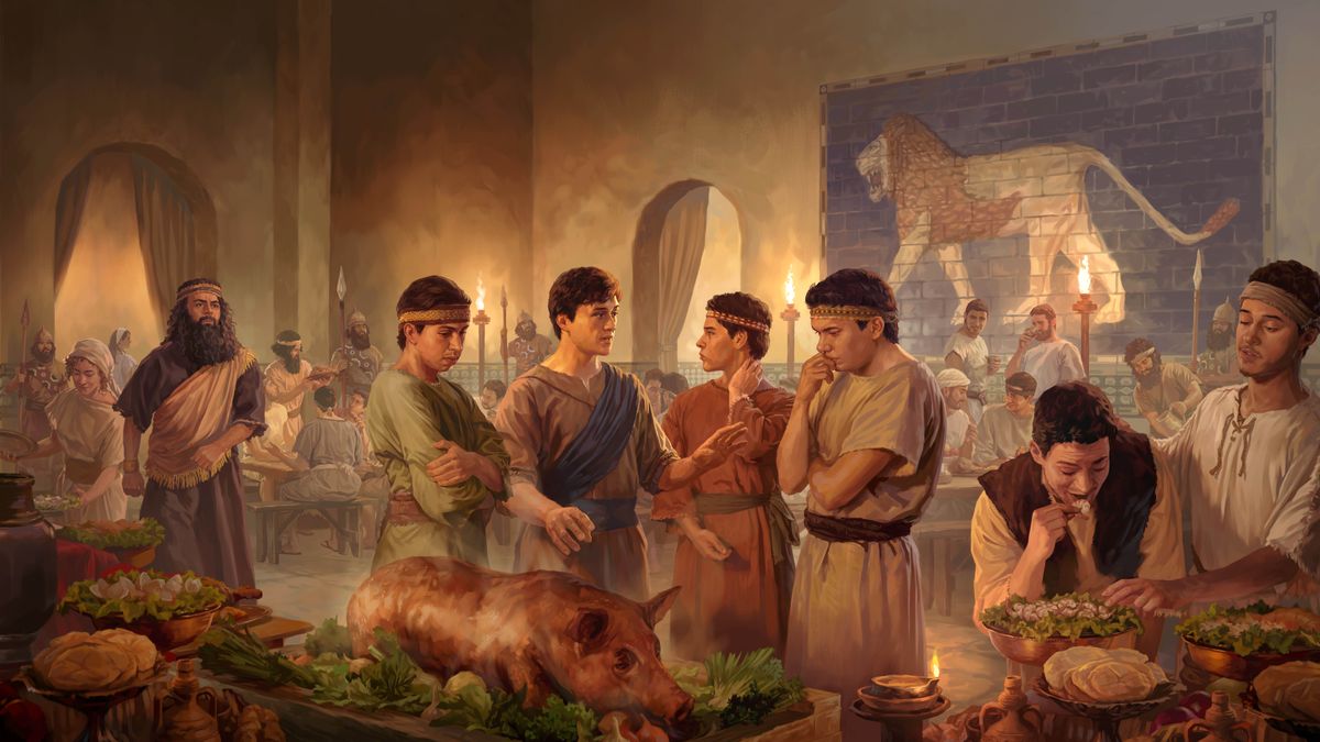 Daniel speaking with his three Hebrew companions in a lavish banquet room. Ashpenaz, the chief court official, observes them while other youths eagerly consume wine, pork, shrimp, and other delicacies.