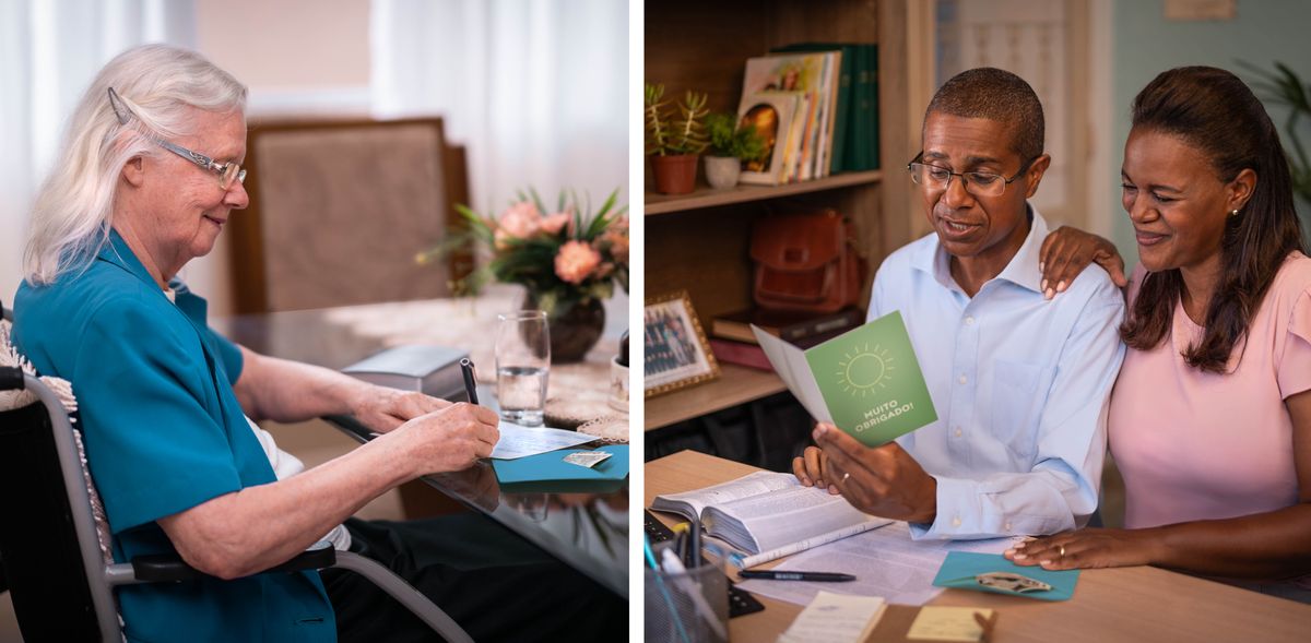 Collage: 1. An older sister in a wheelchair writes a card and puts some money in an envelope. 2. A couple happily reads the card.