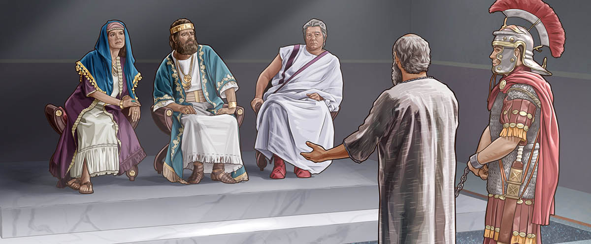 The apostle Paul, chained to a guard, respectfully speaking to King Agrippa, Governor Festus, and Bernice.