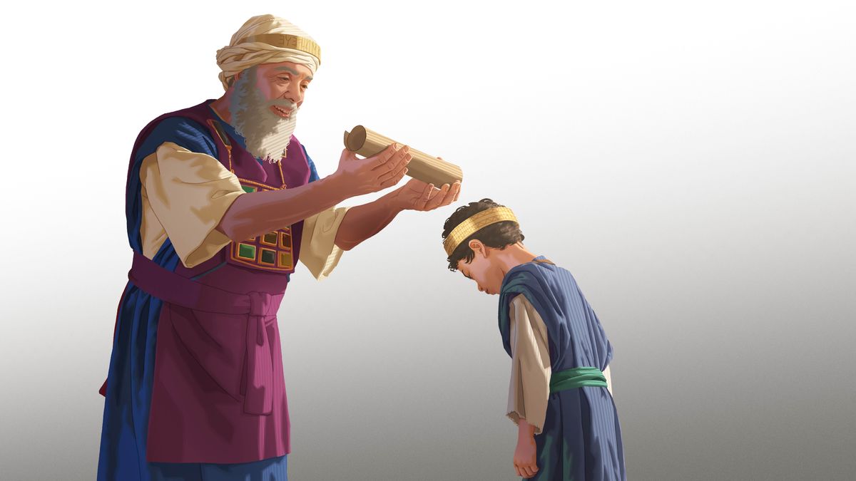 High Priest Jehoiada placing a scroll on the head of young King Jehoash.