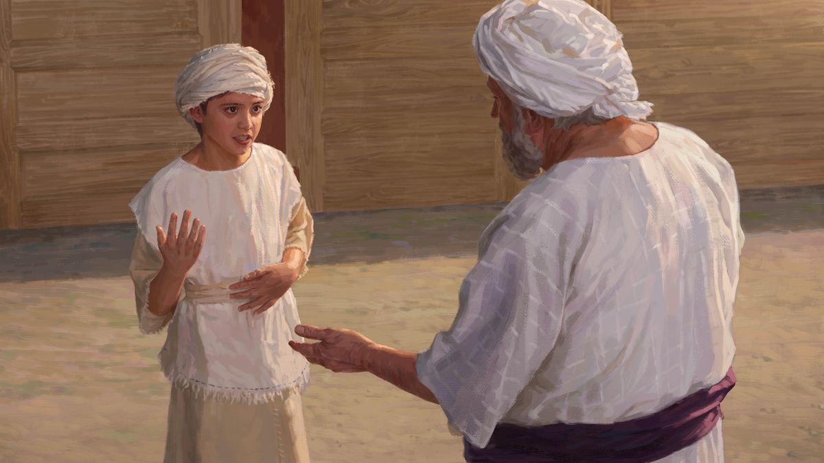 Young Samuel standing near the doors to the tabernacle courtyard, speaking with High Priest Eli.
