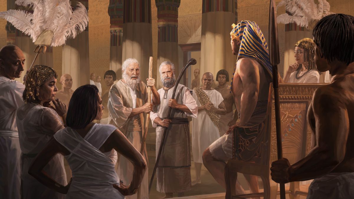 Moses and Aaron appearing before Pharaoh and members of the Egyptian royal court.
