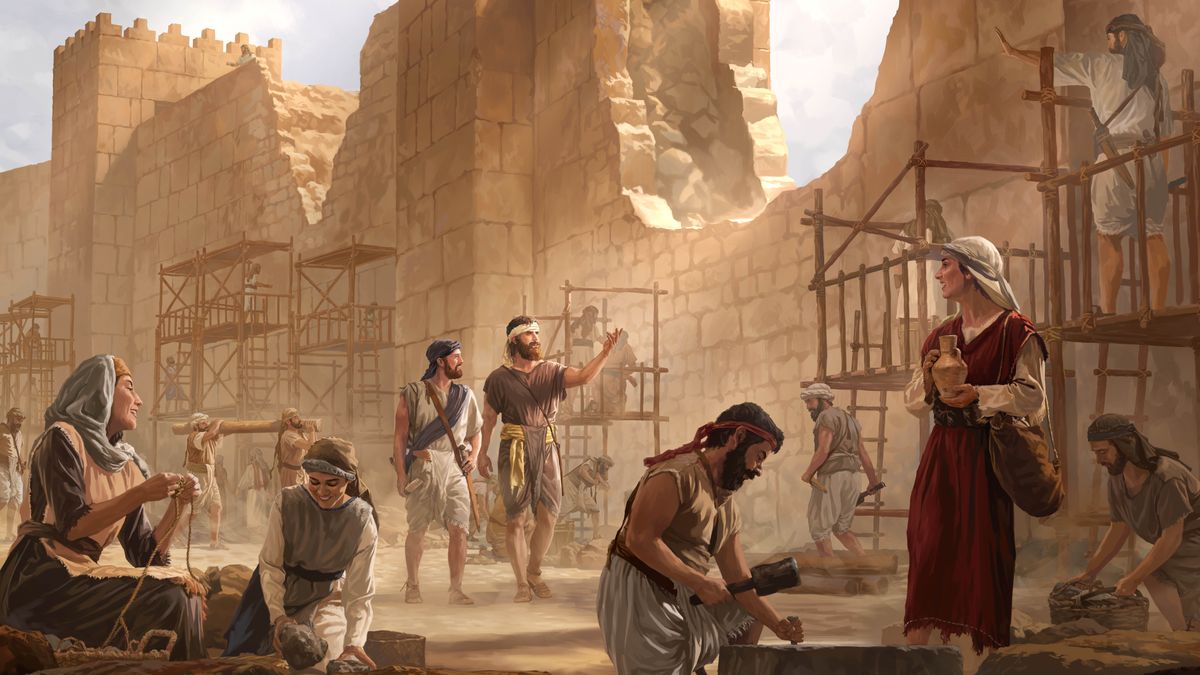 Nehemiah and his assistant overseeing the rebuilding work of Jerusalem’s walls. They observe the men and women working hard to collect and prepare building materials, as well as men working from scaffolding along the wall.
