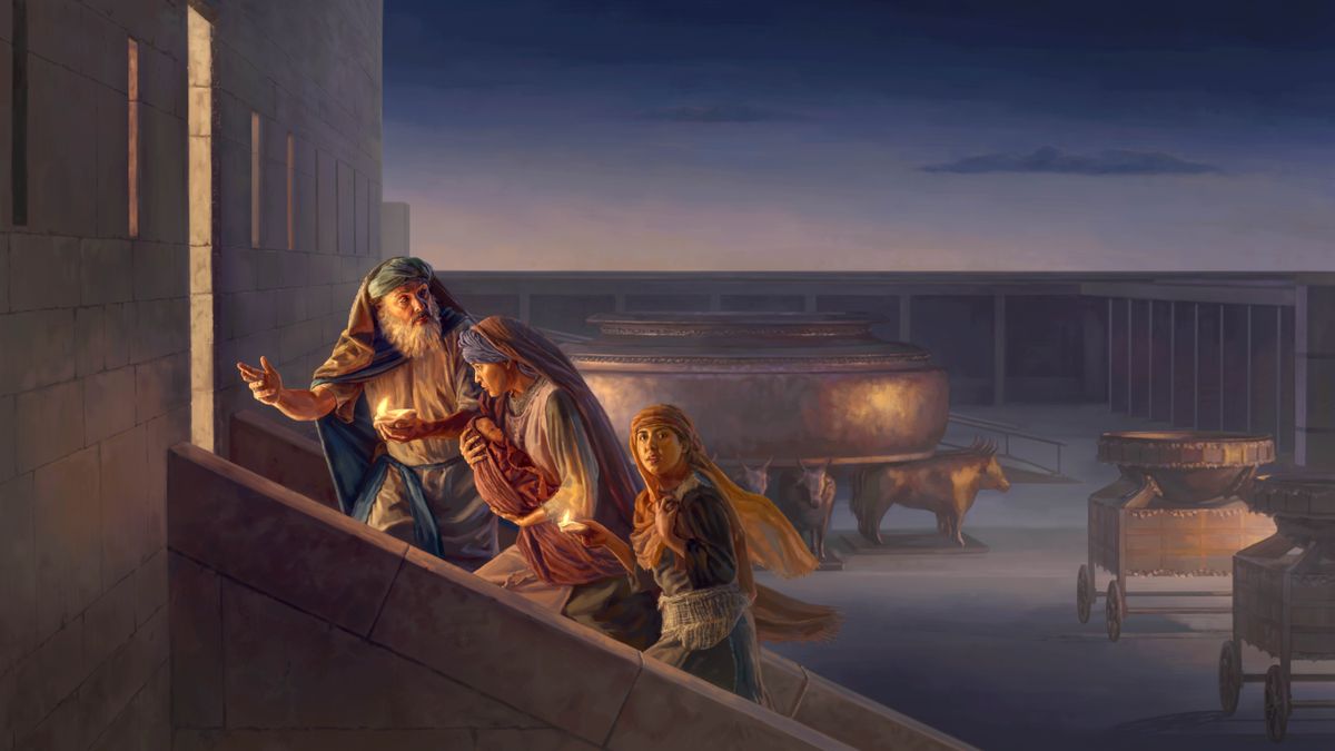 High Priest Jehoiada secretly leading Jehosheba and a nurse into the temple during the night. Jehosheba is carrying the infant Jehoash.