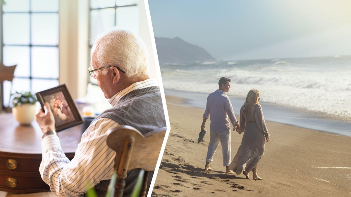 Collage: 1. A grieving widower looks fondly at a picture of himself and his wife on their wedding day. 2. He visualizes them in Paradise, walking hand in hand on a beach.